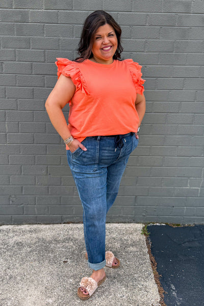 Coral Scalloped Ruffle Sleeve Top styled