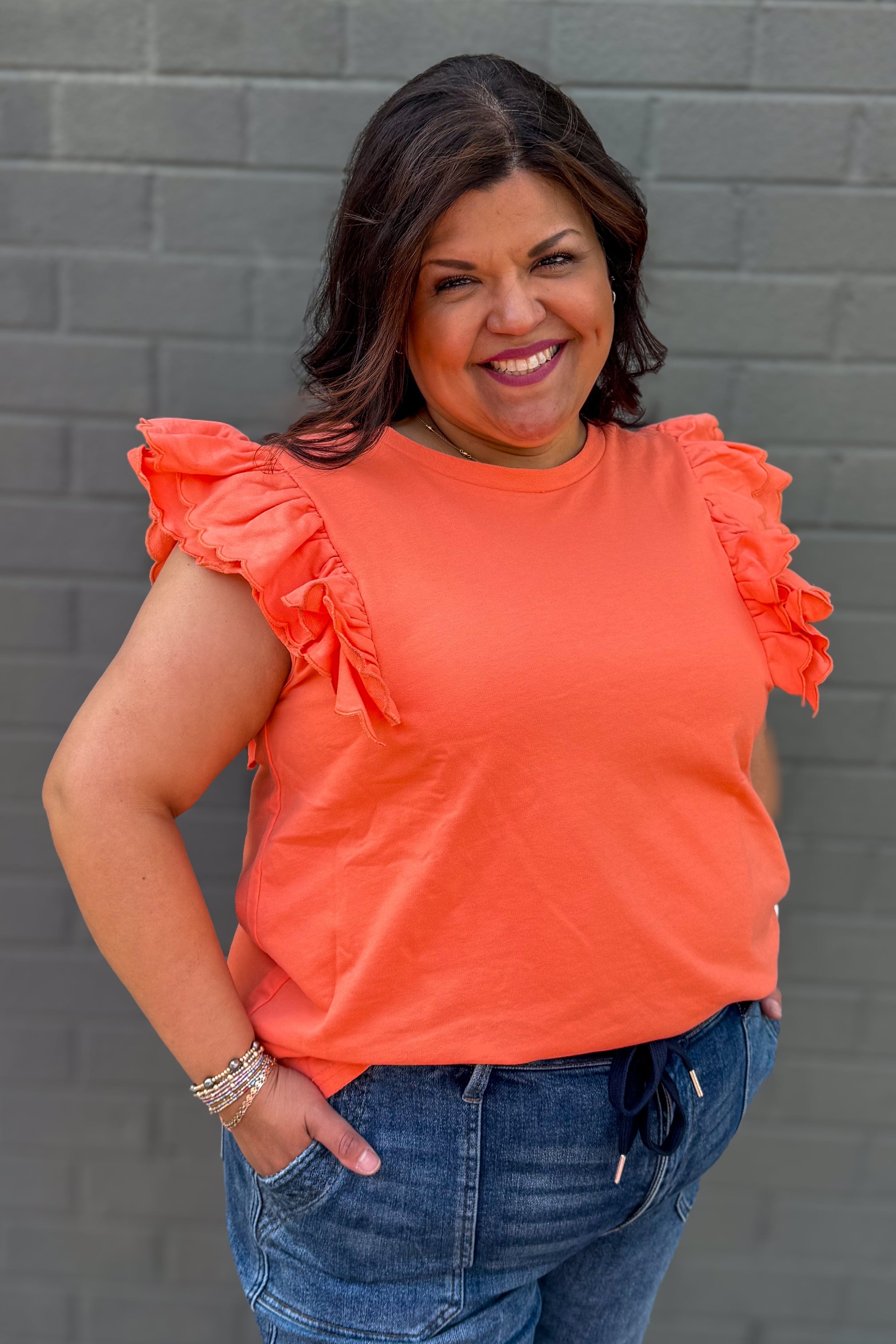 Coral Scalloped Ruffle Sleeve Top