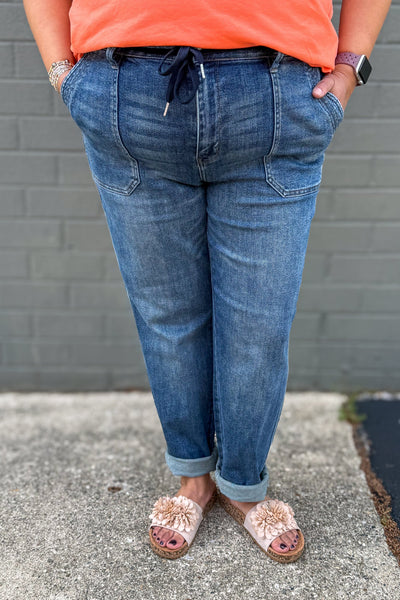Dark Wash High Waist Denim Jogger detailed
