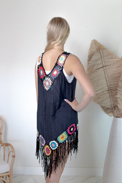 Black Multi Color Crochet Cover Up