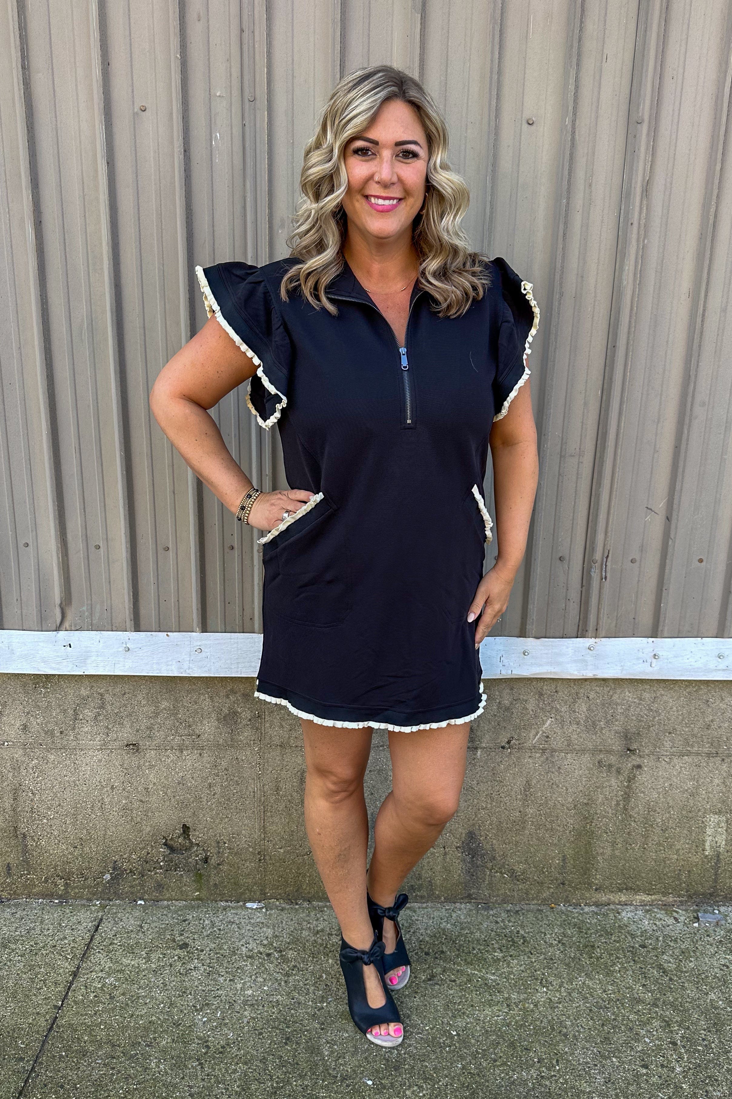 Quarter Zip Ruffle Shoulder Dress