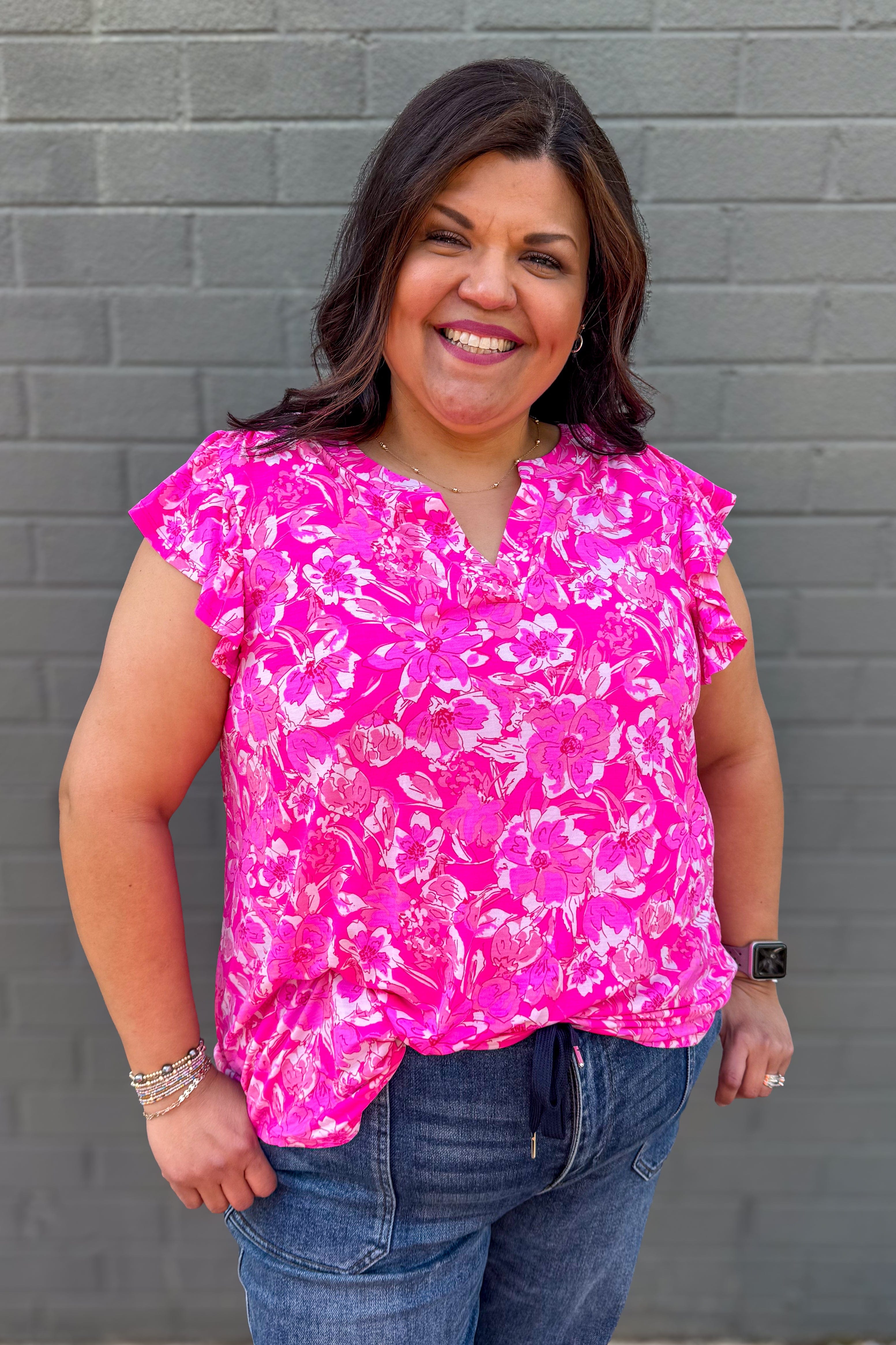 Hot Pink Floral Ruffle Sleeve Top