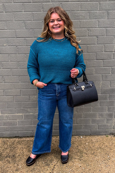 Ocean Teal Exposed Seam Round Neck Sweater Styled