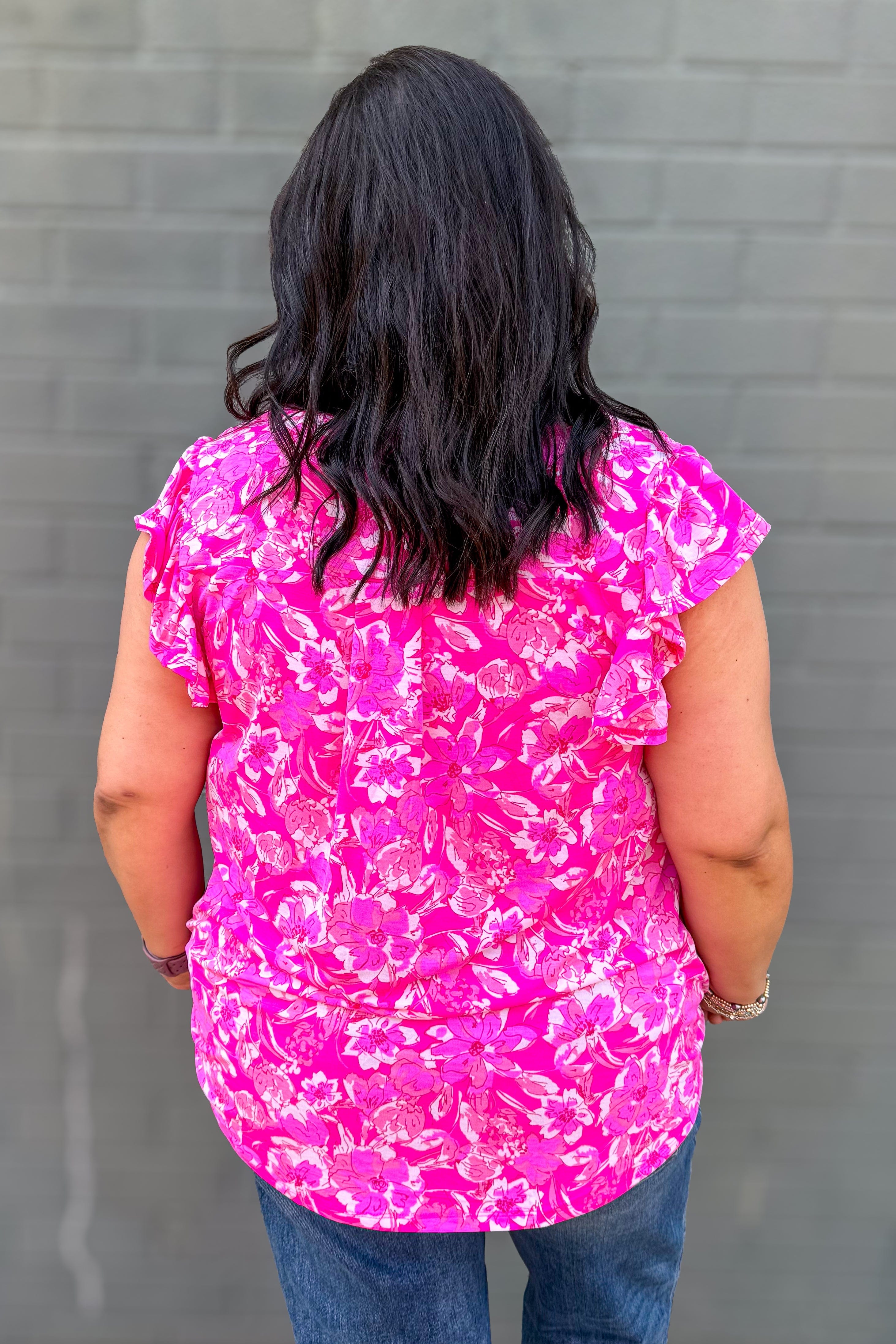 Hot Pink Floral Ruffle Sleeve Top back