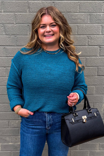 Ocean Teal Exposed Seam Round Neck Sweater