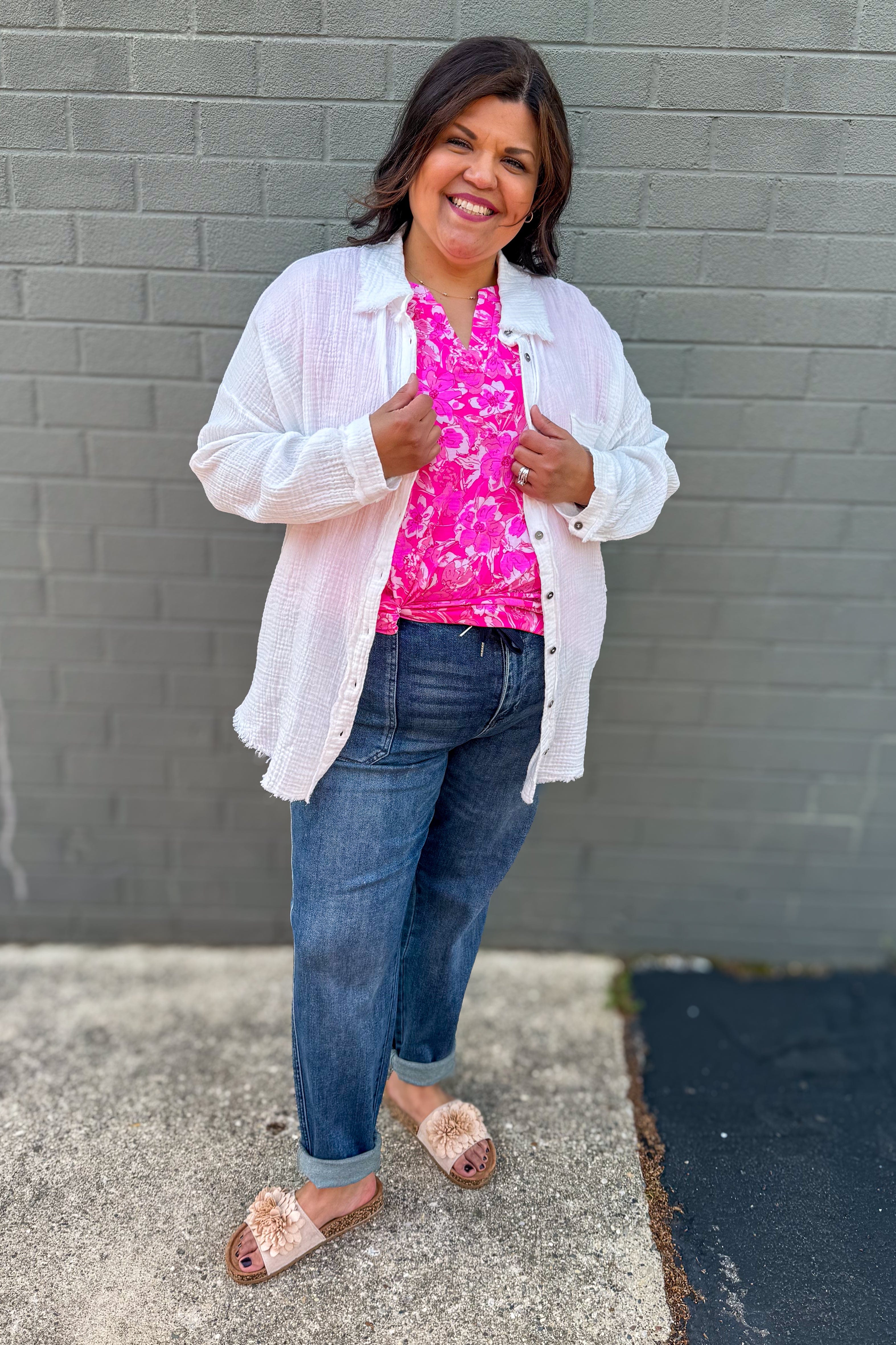 Hot Pink Floral Ruffle Sleeve Top styled