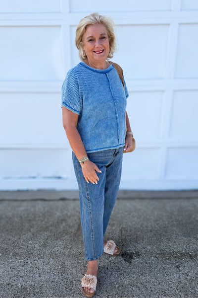 Ocean Blue Washed Baby Waffle Top styled