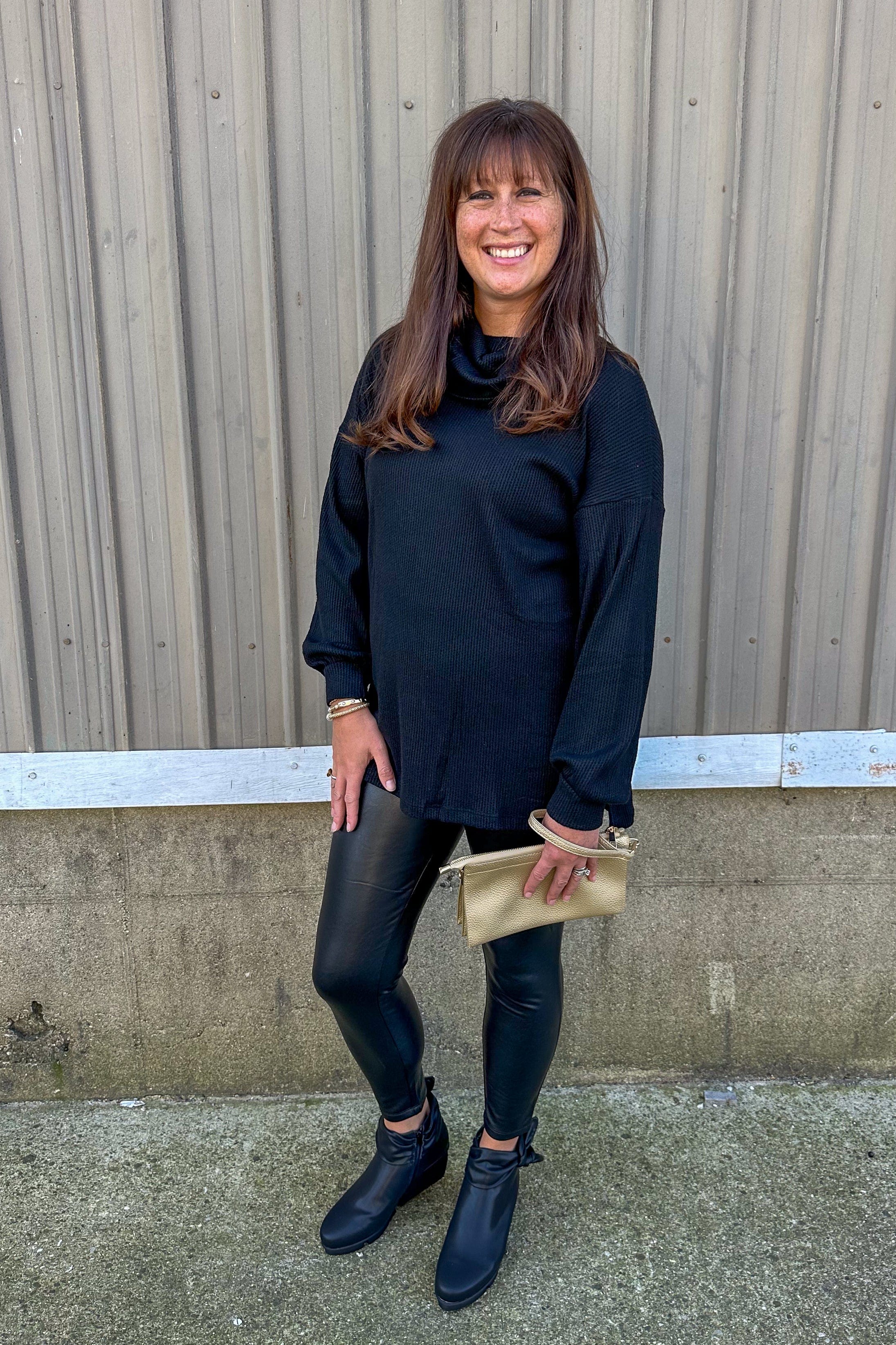 Black Slouchy Cowl Waffle Top styled