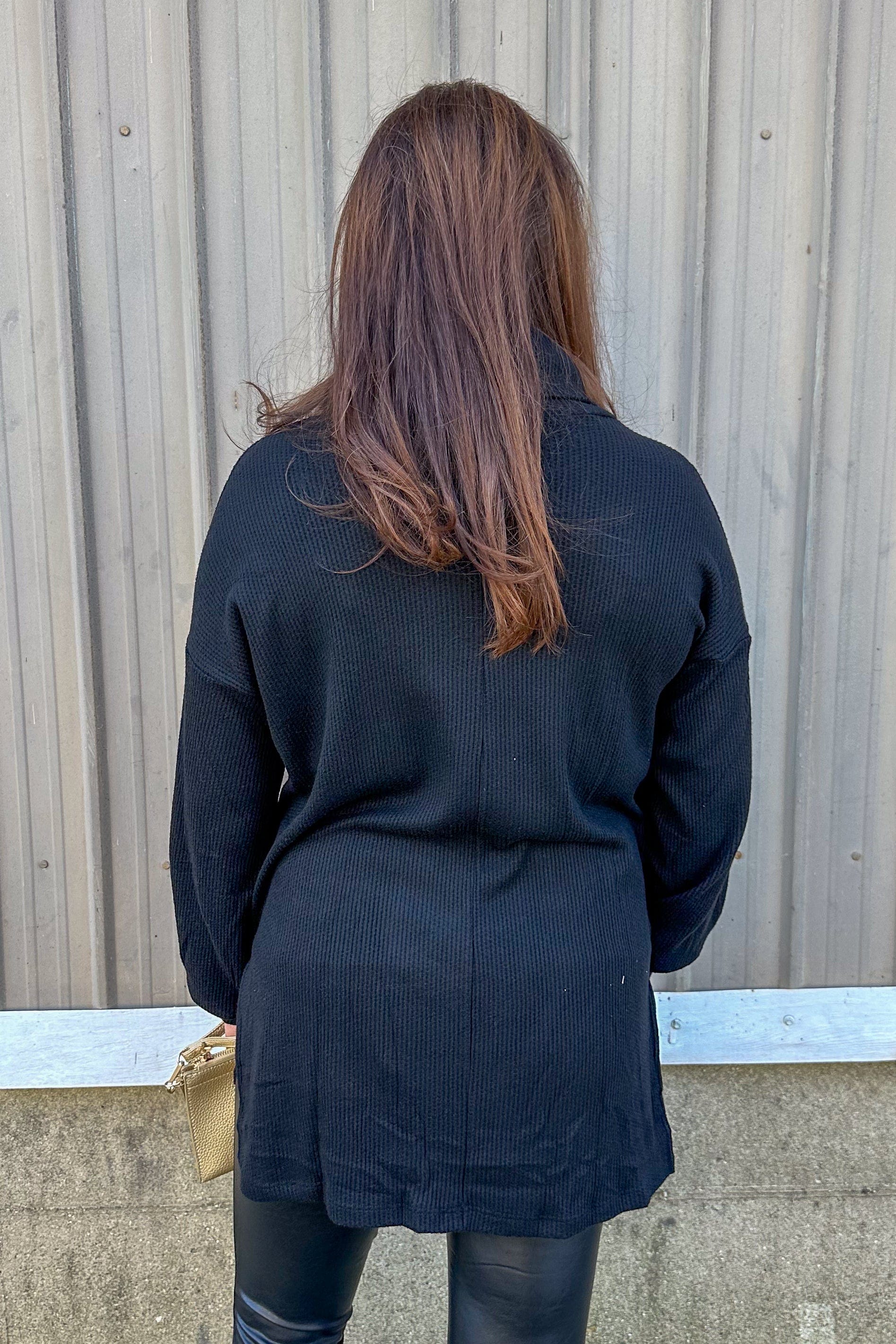 Black Slouchy Cowl Waffle Top back