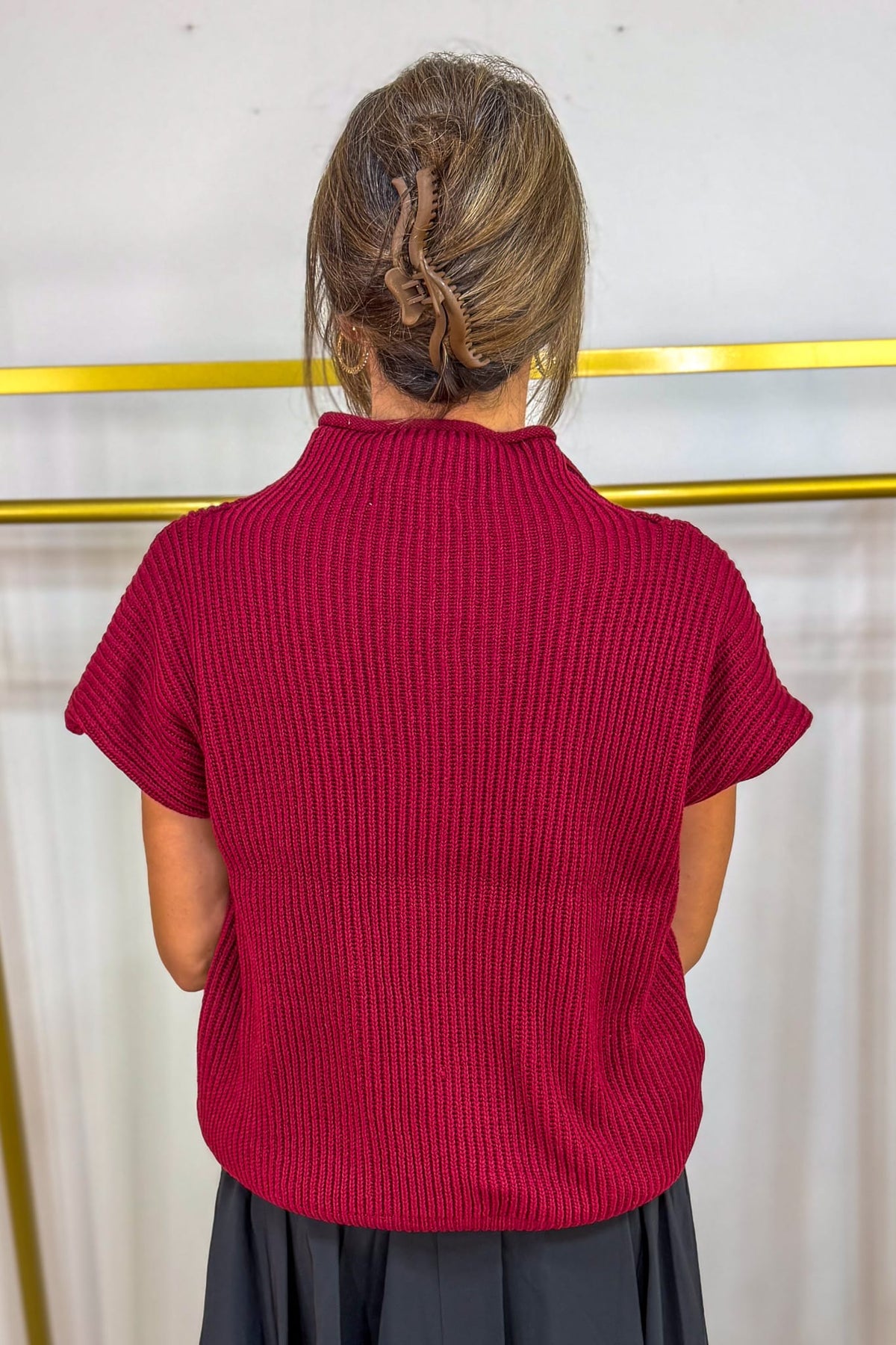 Cabernet Power Shoulder Mock Neck Sweater Back