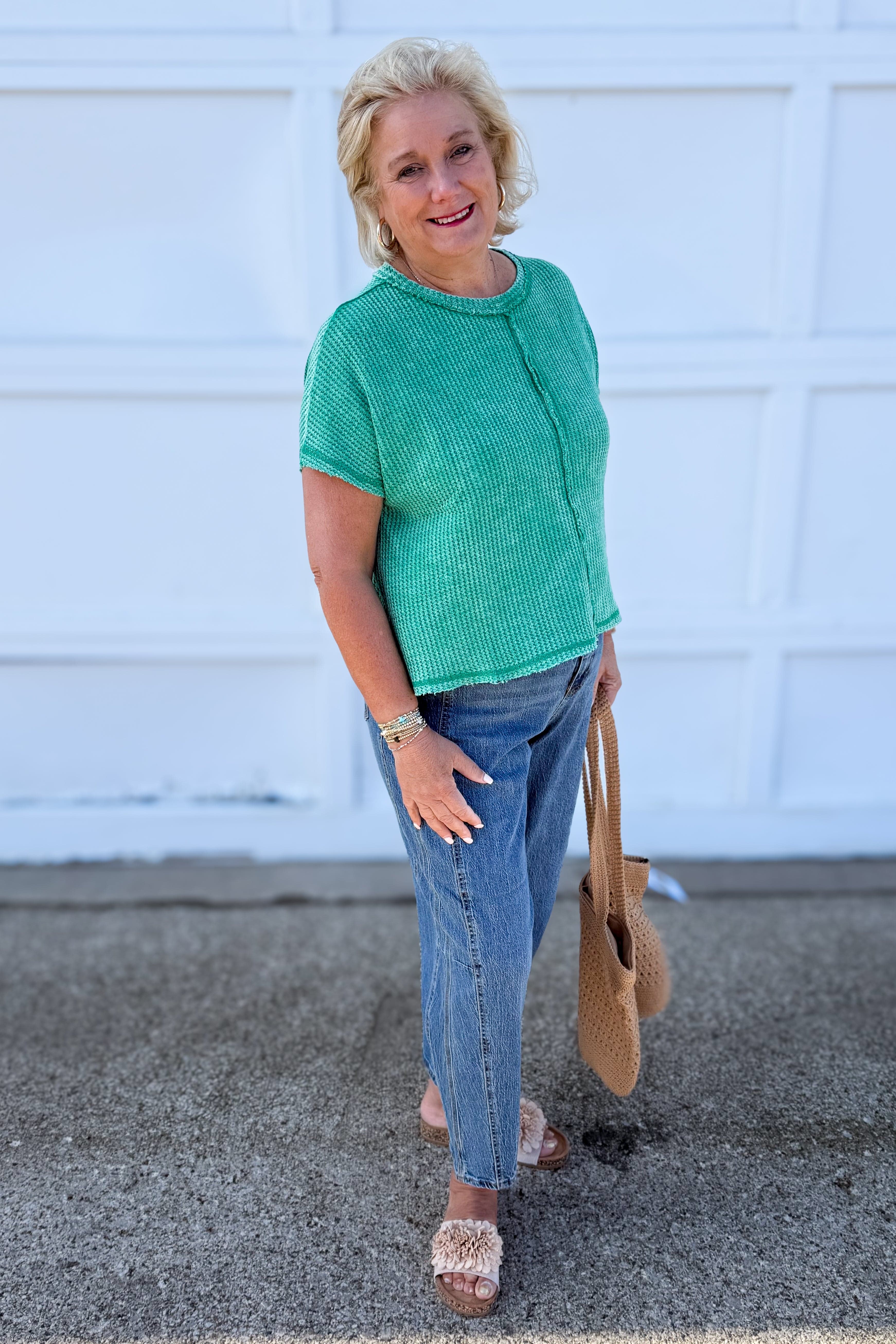 Kelly Green Washed Baby Waffle Top styled