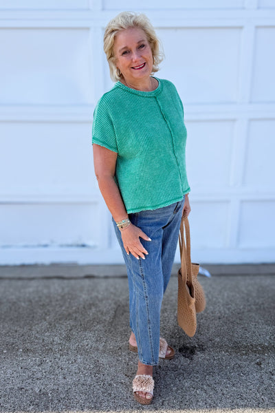 Kelly Green Washed Baby Waffle Top styled