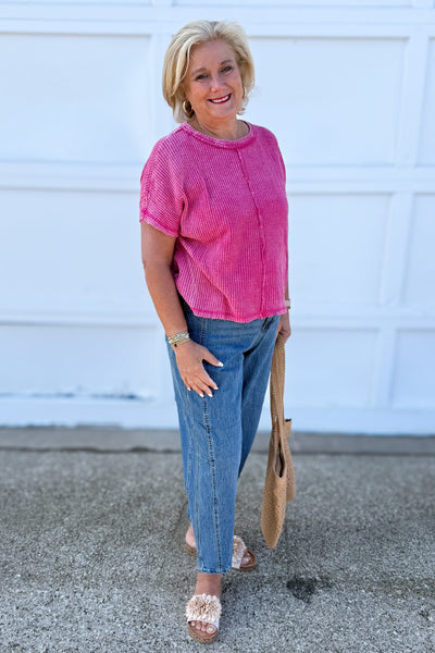 Hot Pink Washed Baby Waffle Top styled