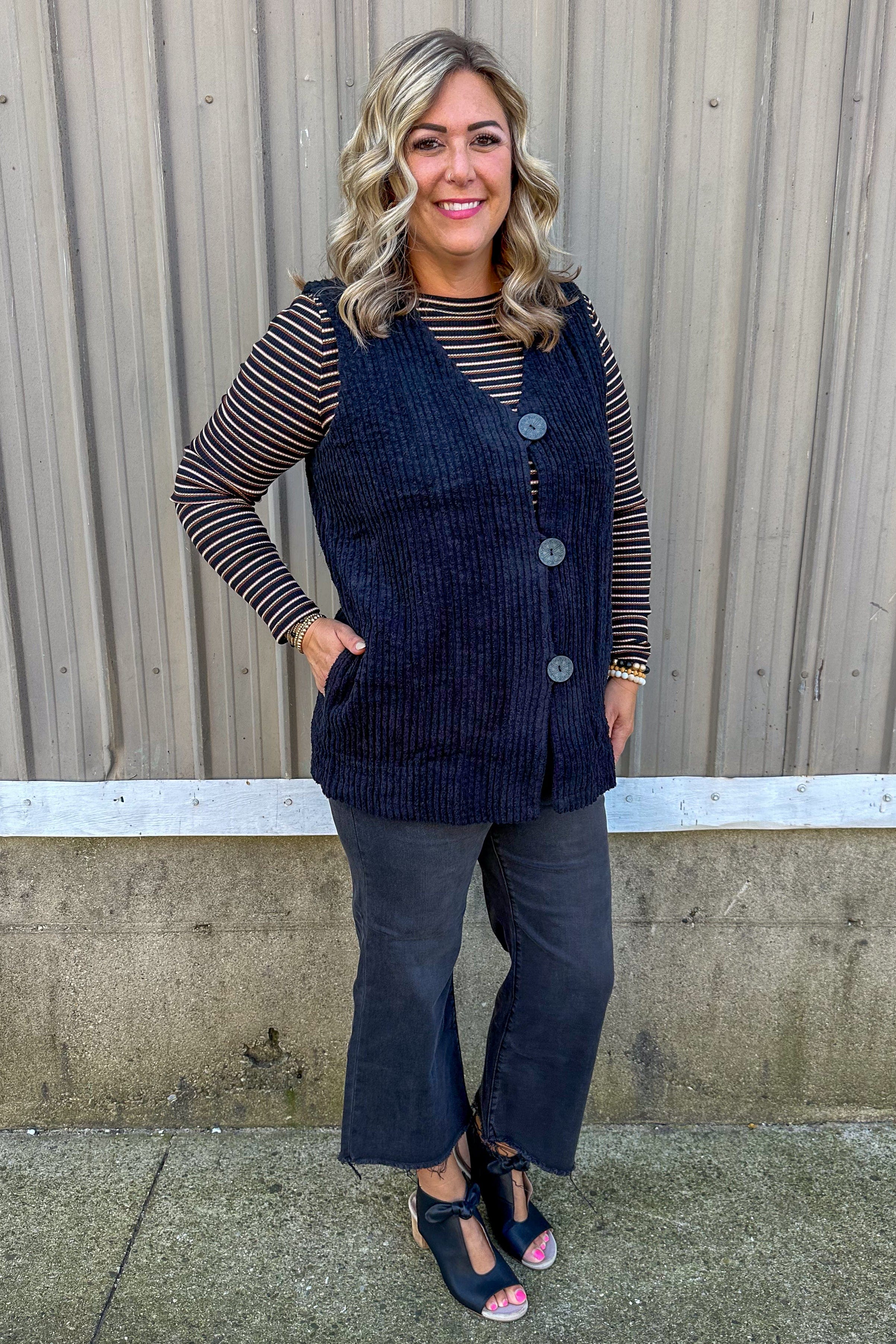 Black Chenille Vest styled
