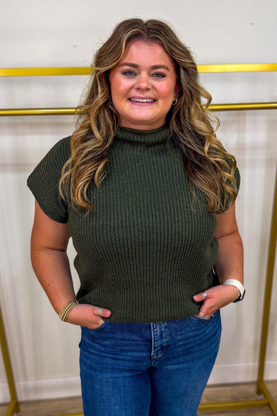 Dark Olive Power Shoulder Mock Neck Sweater