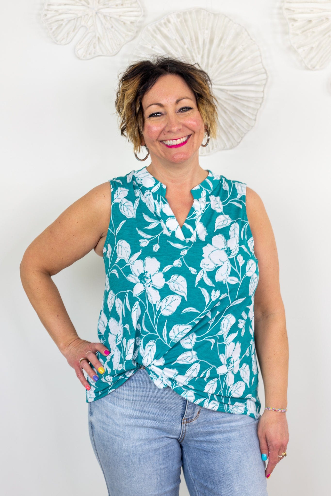 Sleeveless Teal Floral Sketch Top