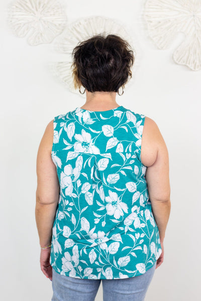 Sleeveless Teal Floral Sketch Top