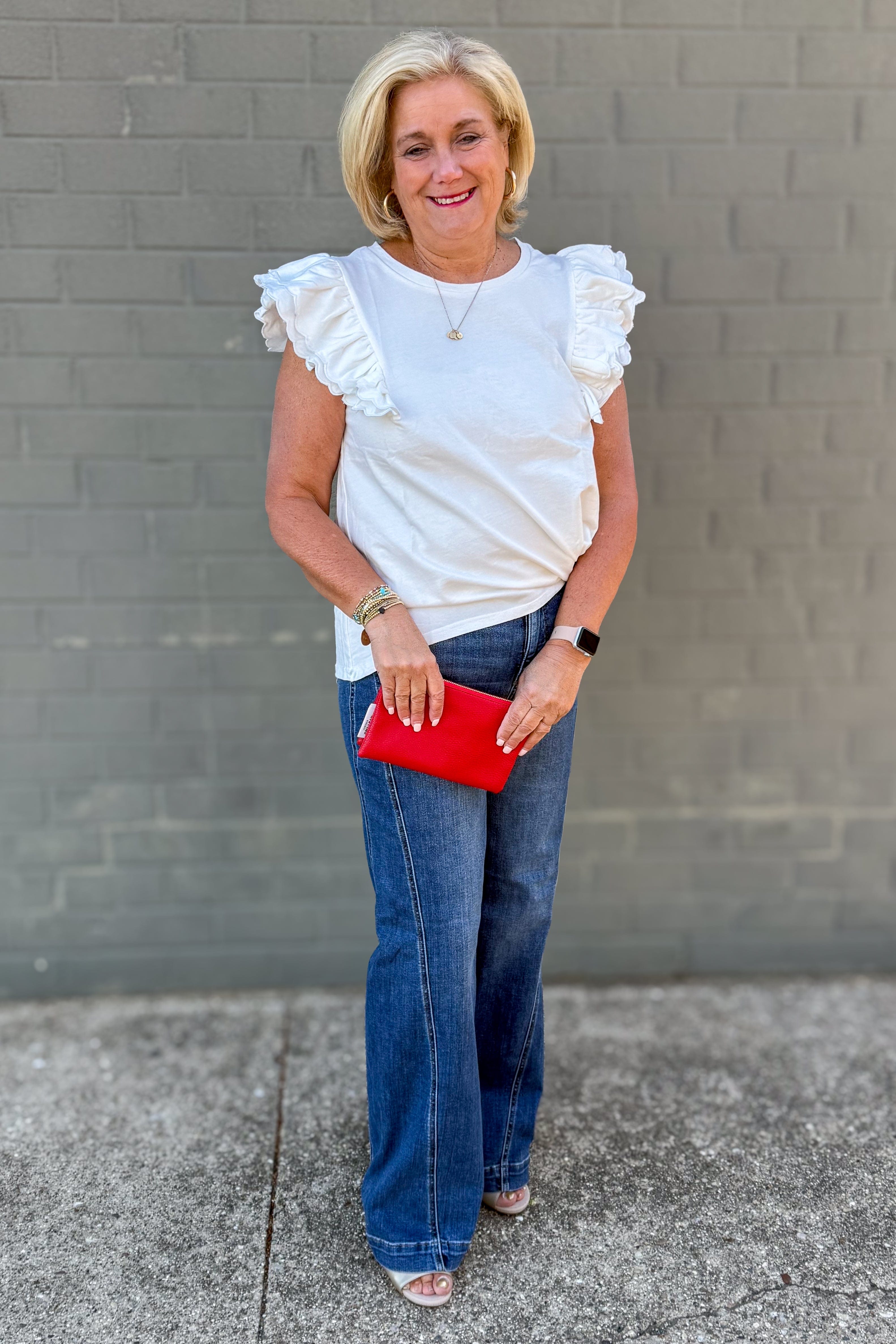 White Scalloped Ruffle Sleeve Top styled
