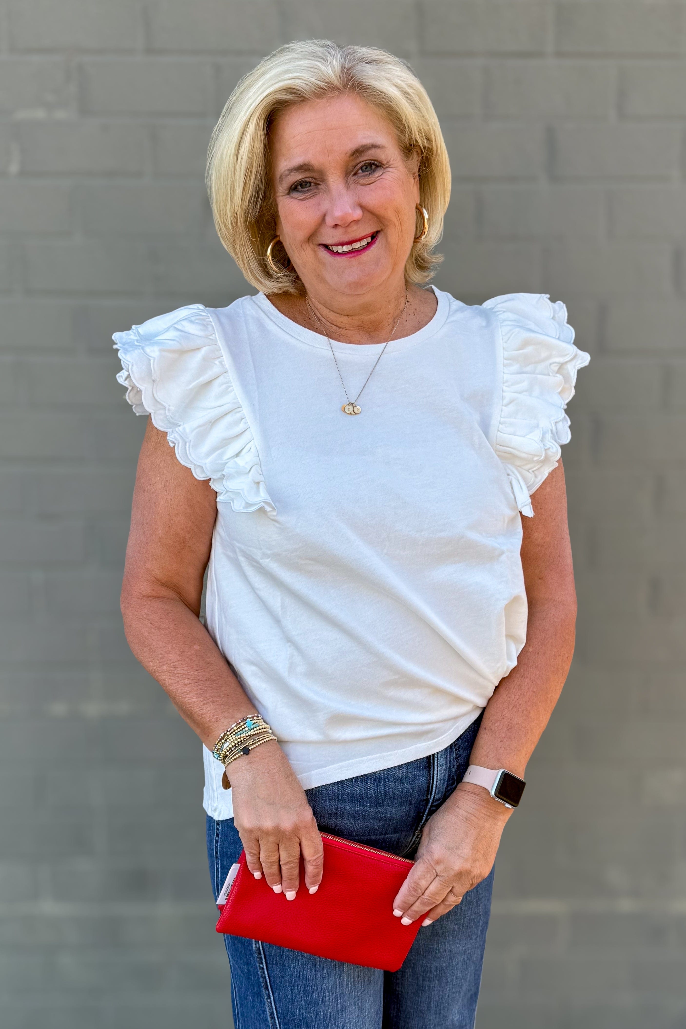 White Scalloped Ruffle Sleeve Top