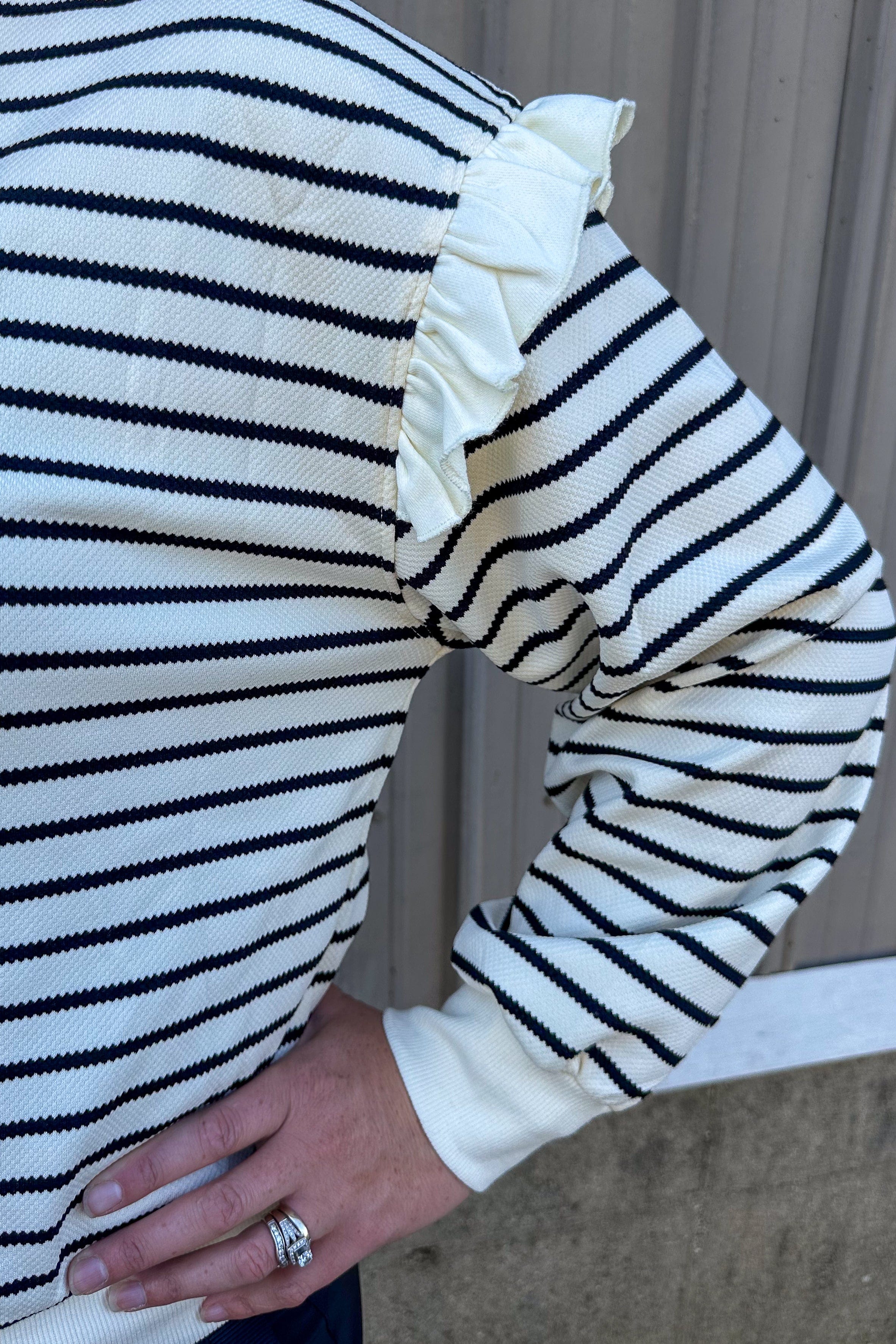 Black & White Stripe Ruffle Detail Top detail