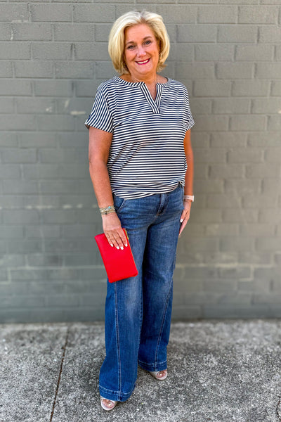 Navy Stripe Split Neck Top styled