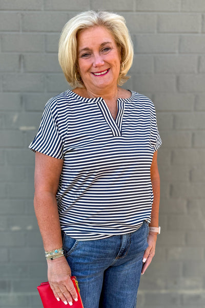 Navy Stripe Split Neck Top