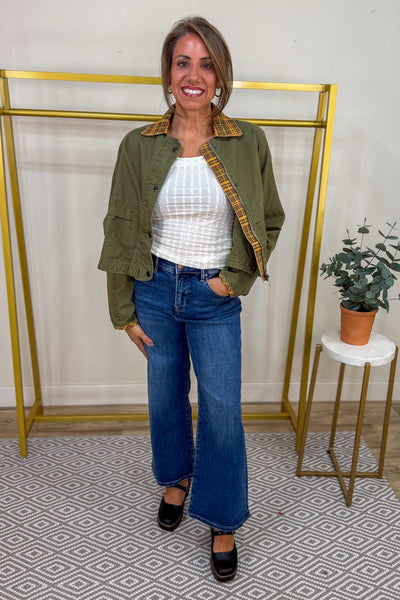 Camel & Olive Contrast Collar Barn Jacket Styled