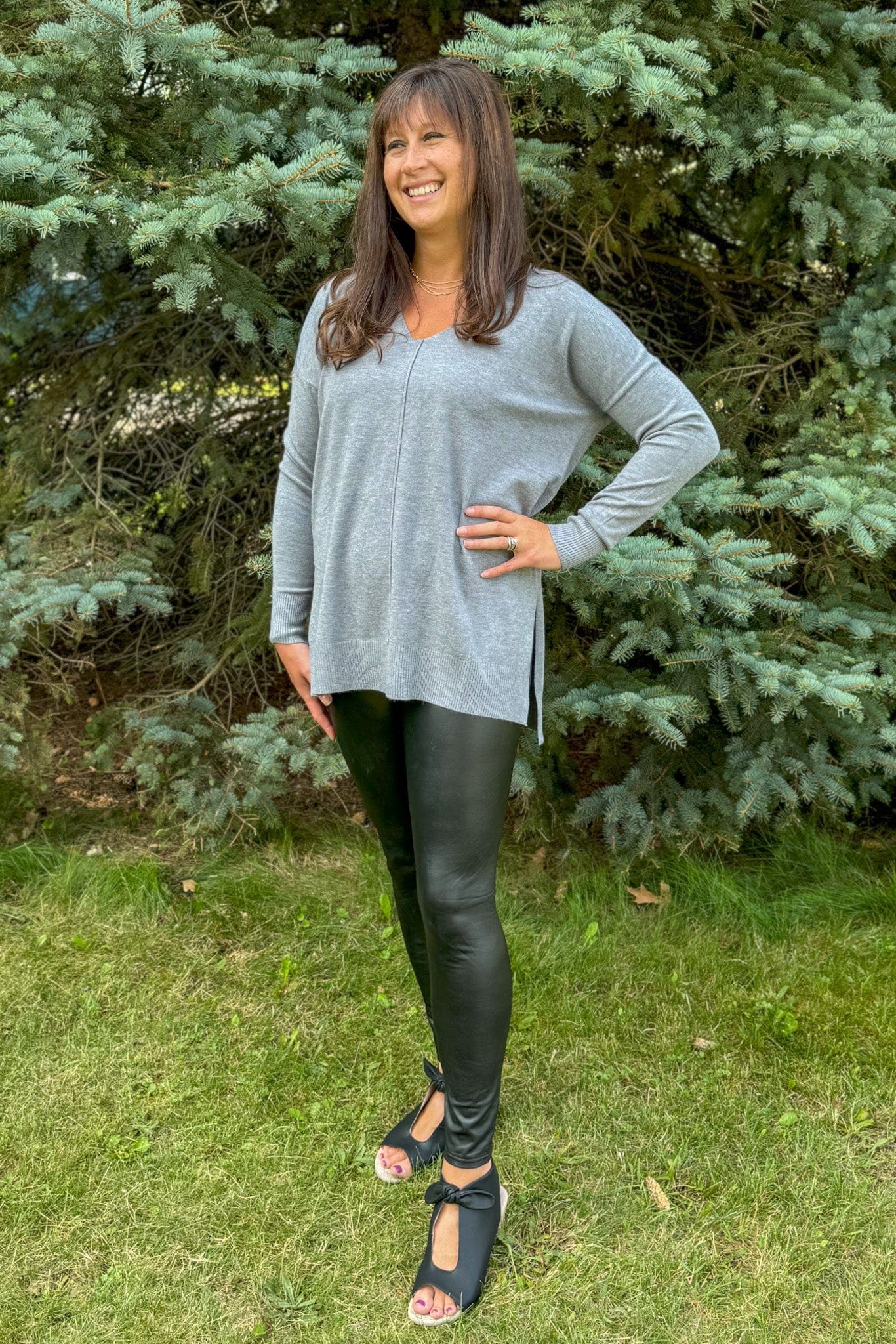 Heathered Grey V-Neck Butter Sweater styled