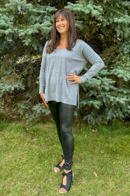 Heathered Grey V-Neck Butter Sweater styled