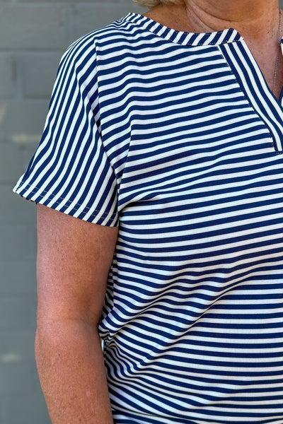 Navy Stripe Split Neck Top detailed