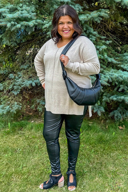 Light Mocha V-Neck Butter Sweater styled