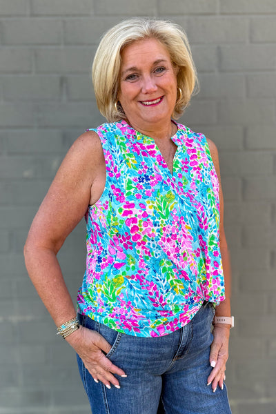 Mint & Pink Tropical Floral Lizzy Tank detailed
