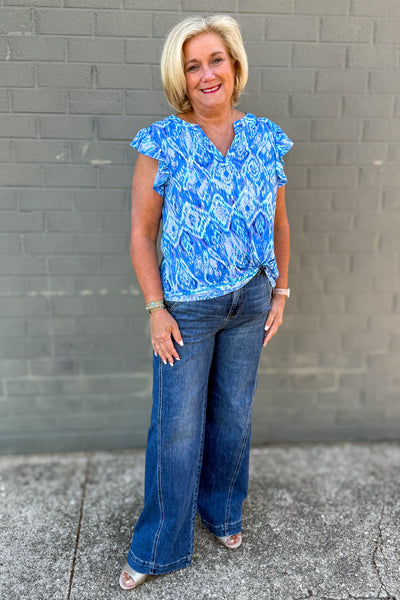 Blue & Aqua Diamond Splash Ruffle Top styled