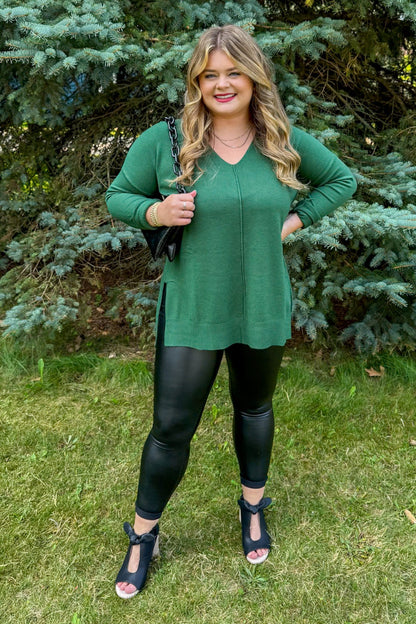 Dark Green V-Neck Butter Sweater styled