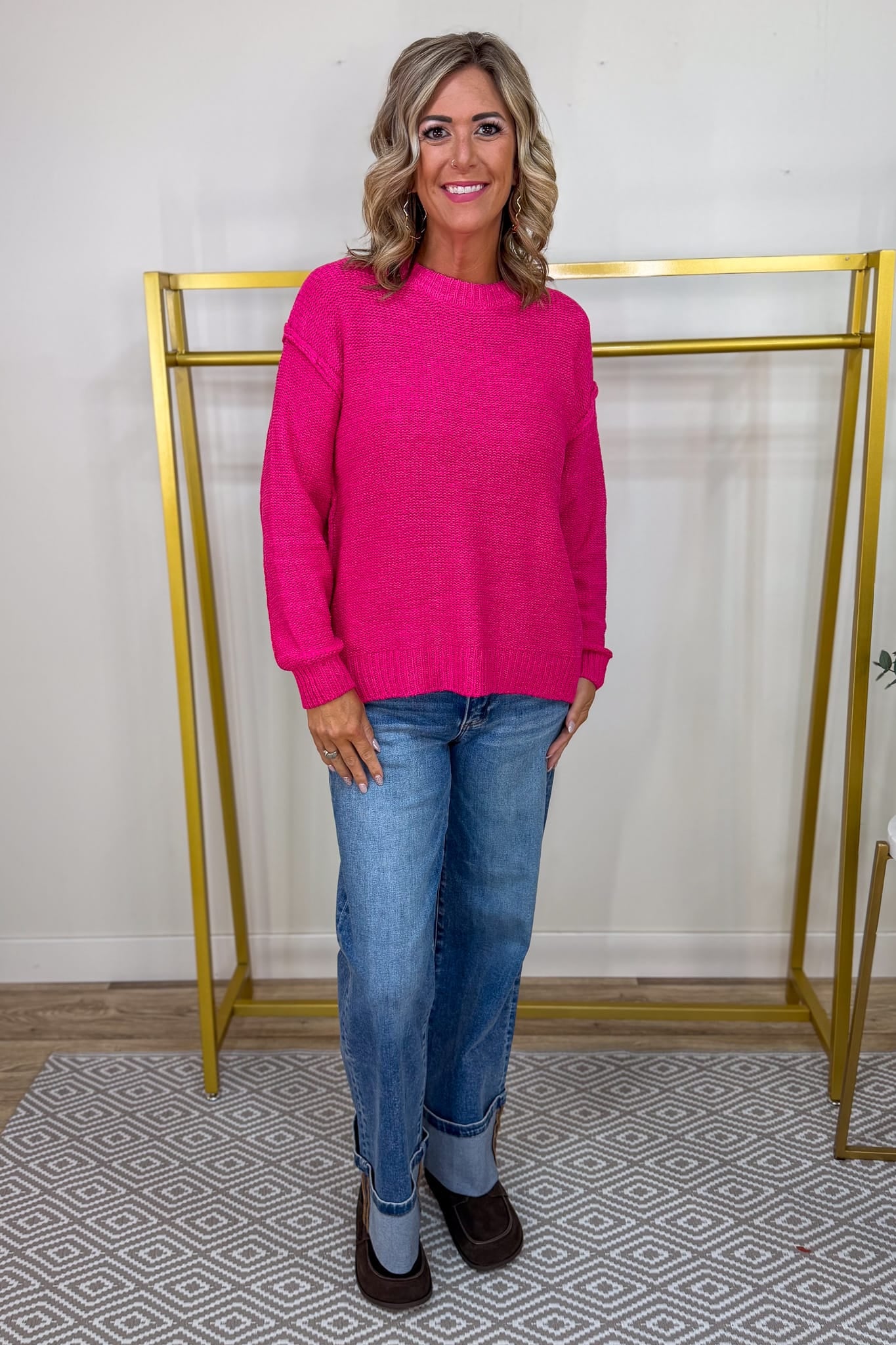 Hot Pink Exposed Seam Round Neck Sweater
