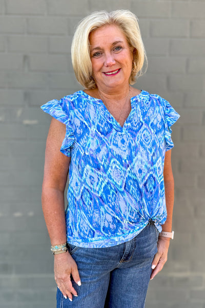 Blue & Aqua Diamond Splash Ruffle Top