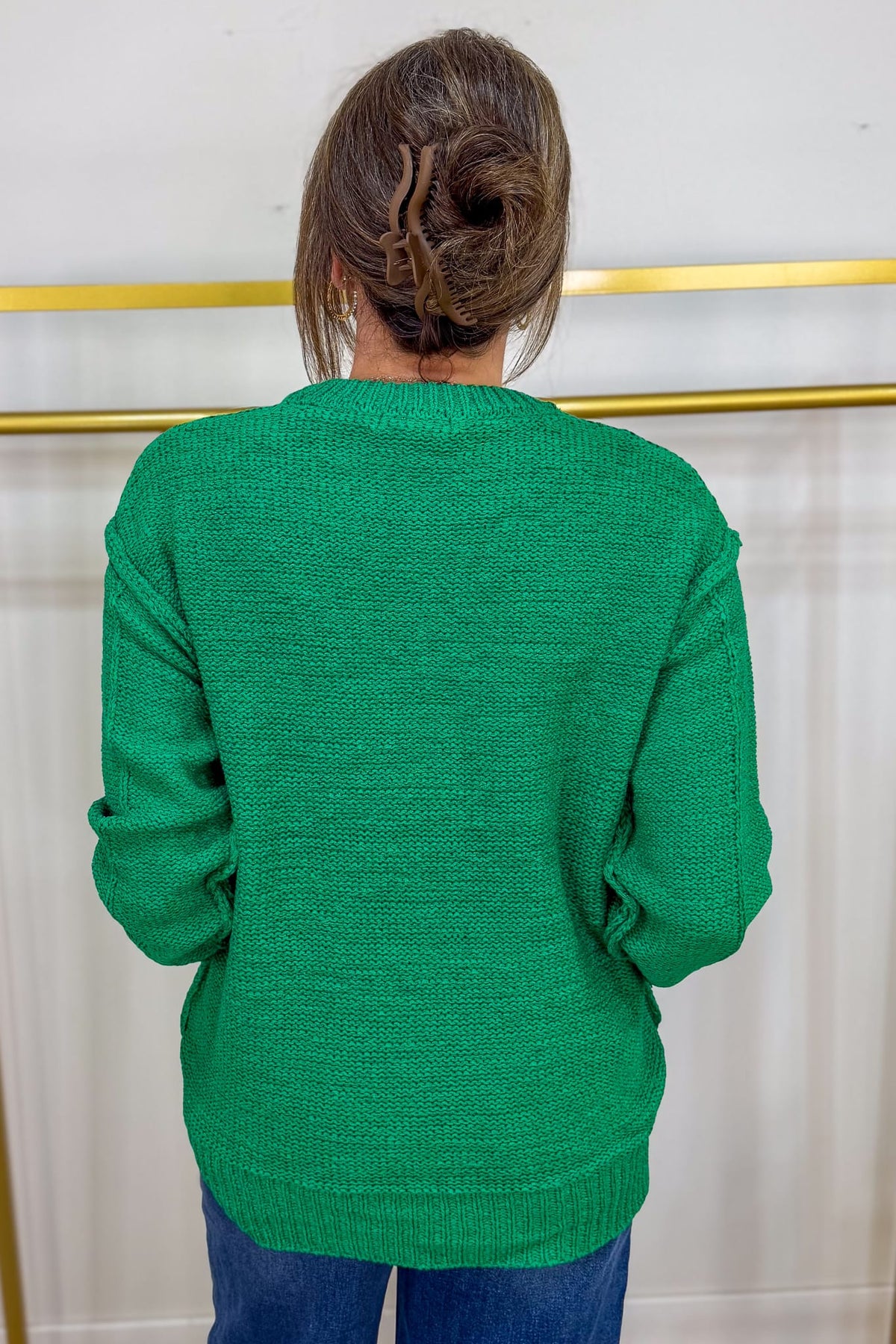 Kelly Green Exposed Seam Round Neck Sweater Back