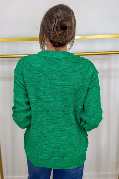 Kelly Green Exposed Seam Round Neck Sweater Back