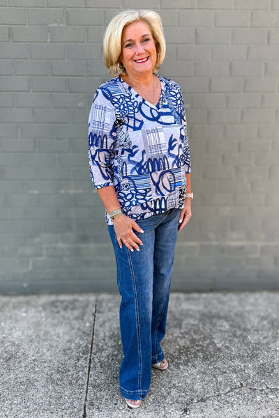 Blue & Tan Mix Print Top styled