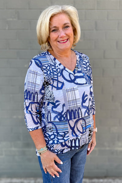 Blue & Tan Mix Print Top