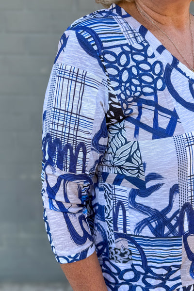 Blue & Tan Mix Print Top detailed