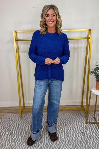 Light Navy Exposed Seam Round Neck Sweater Styled