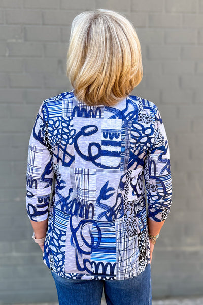 Blue & Tan Mix Print Top back