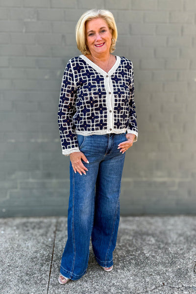 Navy & White Crochet Bell Sleeve Cardigan