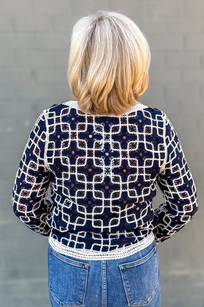 Navy & White Crochet Bell Sleeve Cardigan