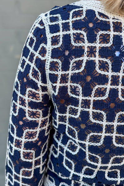 Navy & White Crochet Bell Sleeve Cardigan