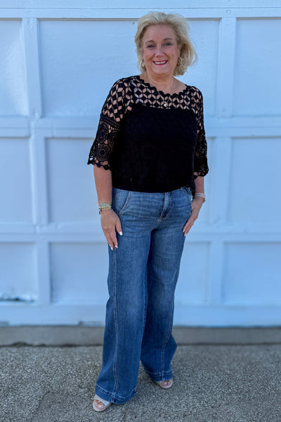 Black Cropped Crochet Pullover styled