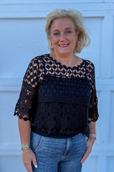 Black Cropped Crochet Pullover