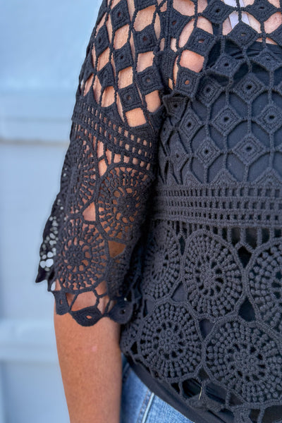 Black Cropped Crochet Pullover detail