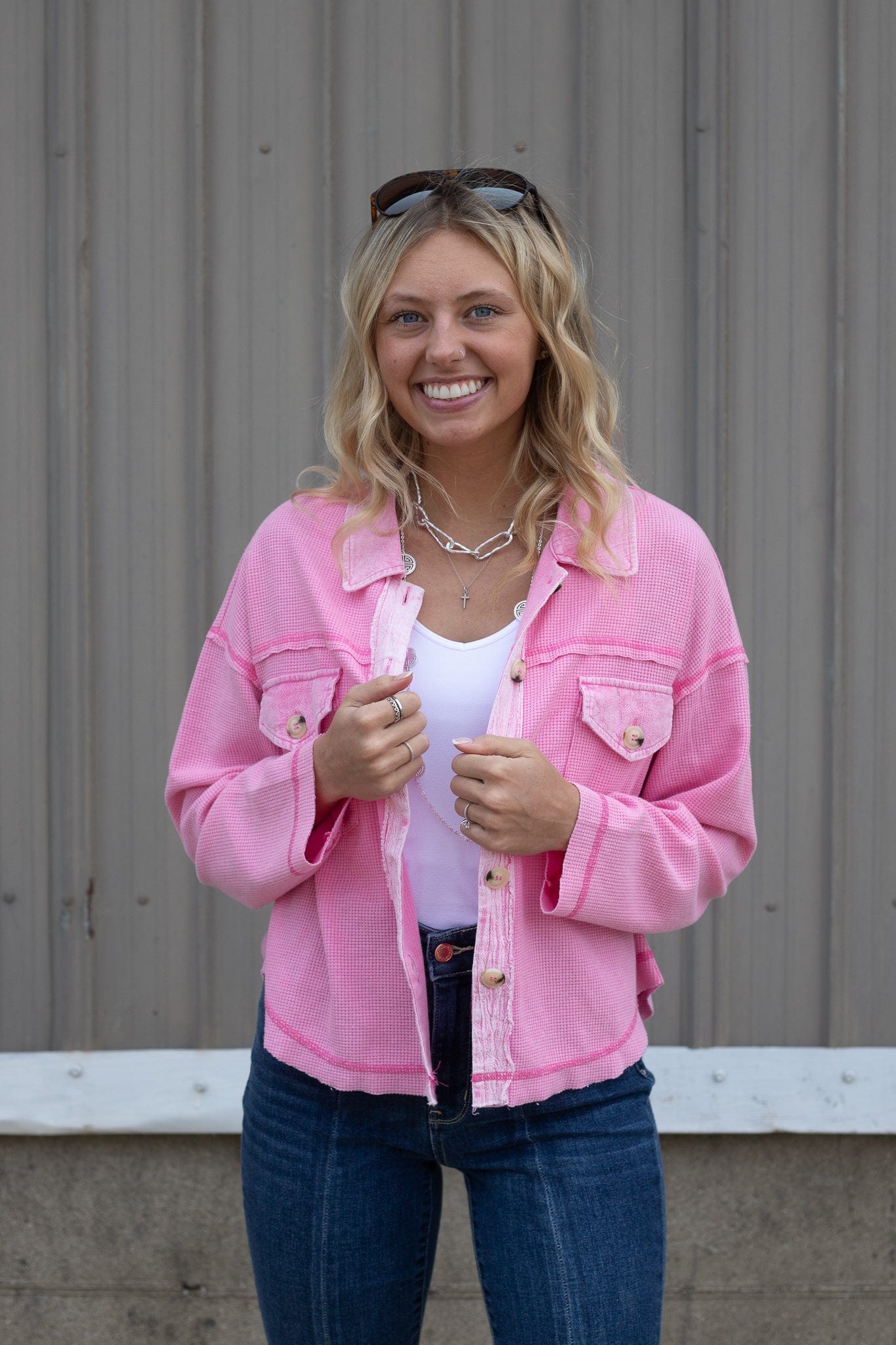 Pink Crop Waffle Button Down Top